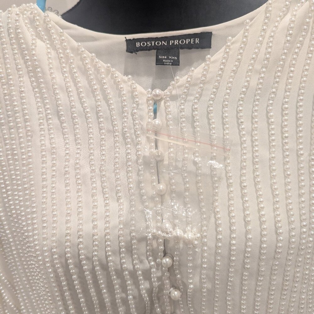 BOSTON PROPER All Over Pearl Embellished White Chiffon Top XXS